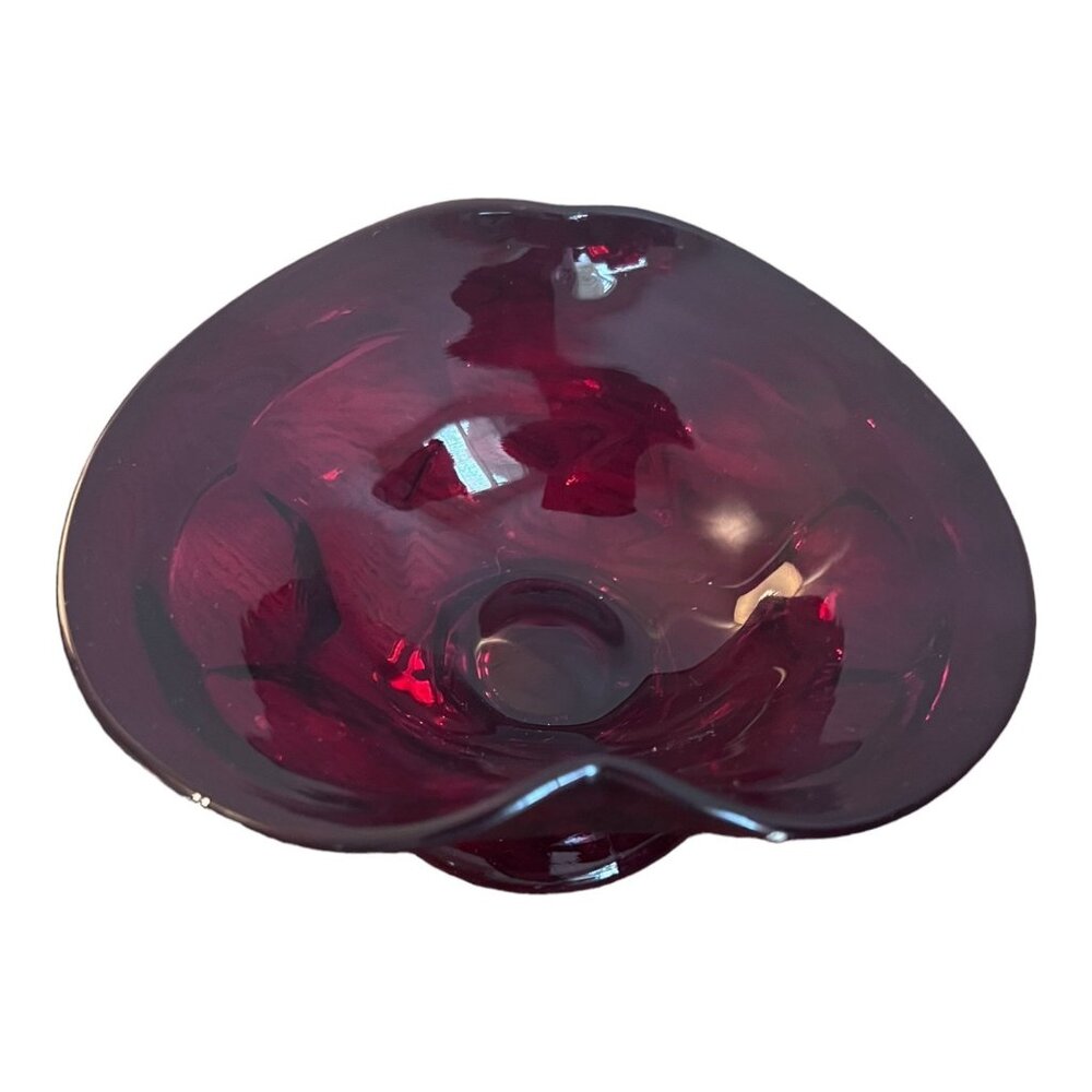 Ruby Red Bowl Trinket Candy Dish Pedestal Wavy Rim 5"X4"X2.5" Tall - Picture 3 of 11